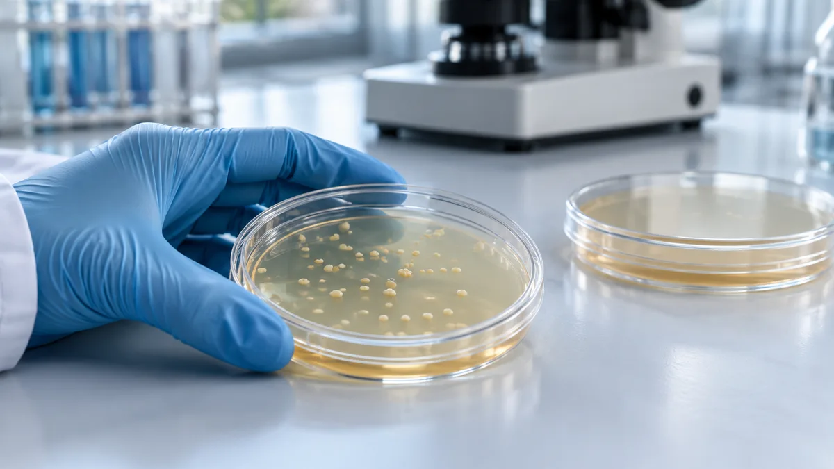 Petriho misky s koloniemi na laboratorním stole